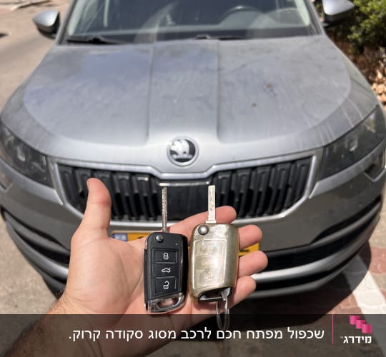 מפתחות רכב מול מכונית סקודה חונה ברחוב